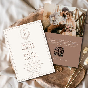 QR Code Wappen Mocha Brown Foto Moderne Hochzeit Einladung