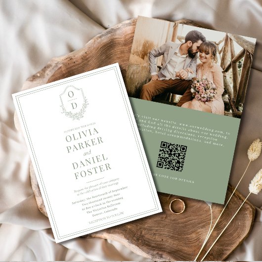 QR Code Wappen Sage Green Foto Elegante Hochzeit Einladung