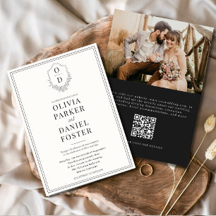 QR Code Wappen Schwarz/Weiß Foto Moderne Hochzeit Einladung