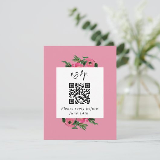 QR Code Wasserfarbe Anemone Rosa Hochzeit RSVP Karte (Stehend Vorderseite)
