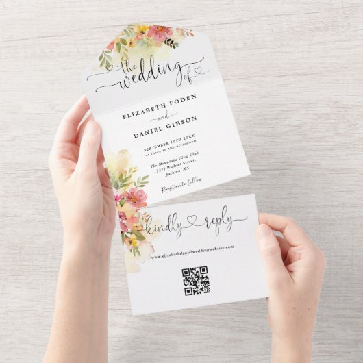 QR Code Wasserfarbe Blumenstrauß Script Hochzeit All In One Einladung (Abreißen)
