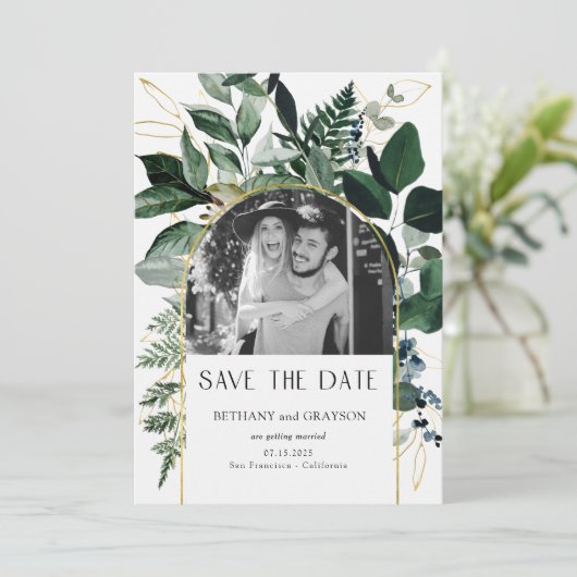 QR Code Wasserfarbe botanisches Blattwerk Hochzeit Save The Date (Stehend Vorderseite)