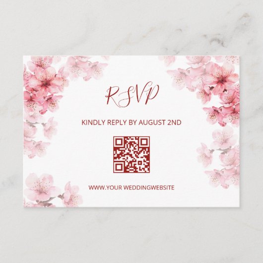 QR-Code | Wasserfarbe Kirschblüten RSVP Begleitkarte (Vorderseite)