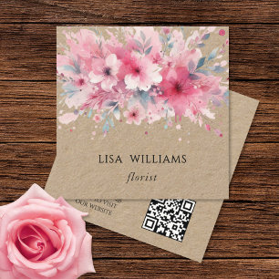 QR-Code   Wasserfarbe Rosa Blumen Kraft Quadratische Visitenkarte