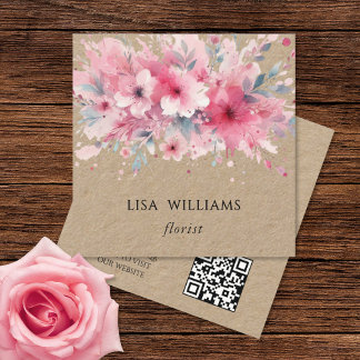 QR-Code | Wasserfarbe Rosa Blumen Kraft Quadratische Visitenkarte