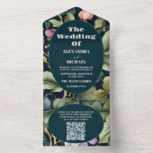 QR Code Wasserfarbe Rosa Peony Art Nouveau Hochzei All In One Einladung (Innen Boden)