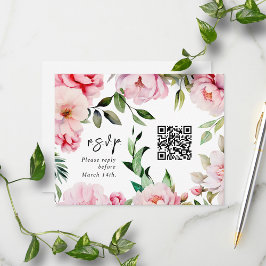 QR Code Wasserfarbe Rosa Peony Wedding RSVP Karte