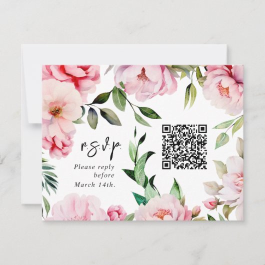 QR Code Wasserfarbe Rosa Peony Wedding RSVP Karte (Vorderseite)