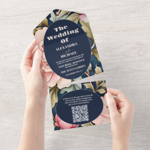 QR-Code Wasserfarbe Rosa Pfingstrose Art Nouveau H All In One Einladung