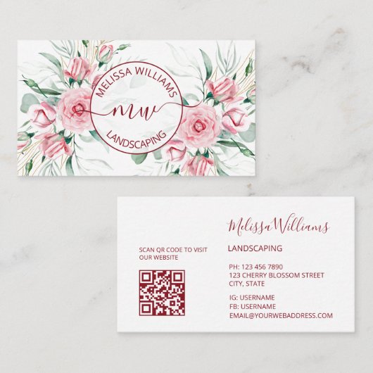 QR-Code | Wasserfarben-Rosa-Rosen-Logo Visitenkarte (Vorne/Hinten)