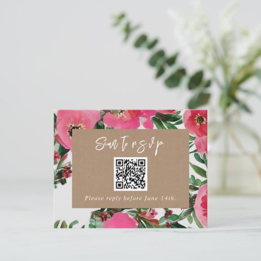 QR-Code Wasserfarbrosa Anemone Wedding RSVP (Stehend Vorderseite)