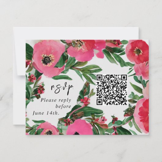 QR-Code Wasserfarbrosa Anemone Wedding RSVP Karte (Vorderseite)