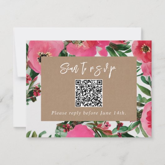 QR-Code Wasserfarbrosa Anemone Wedding RSVP Karte (Vorderseite)