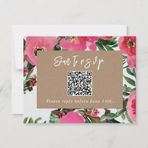 QR-Code Wasserfarbrosa Anemone Wedding RSVP Karte