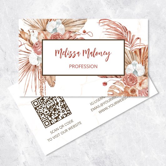 QR-Code | Watercolor Boho Tropische Blume Visitenkarte