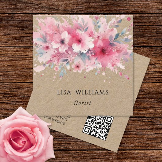 QR Code | Watercolor Pink Flowers Kraft Quadratische Visitenkarte