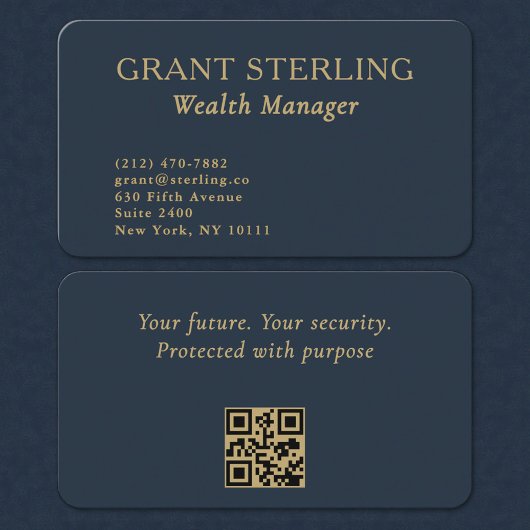QR Code Wealth Manager Navy Blue Gold Visitenkarte