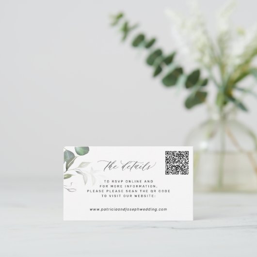 QR CODE Website für elegante Eukalyptus Hochzeit Begleitkarte (Stehend Vorderseite)