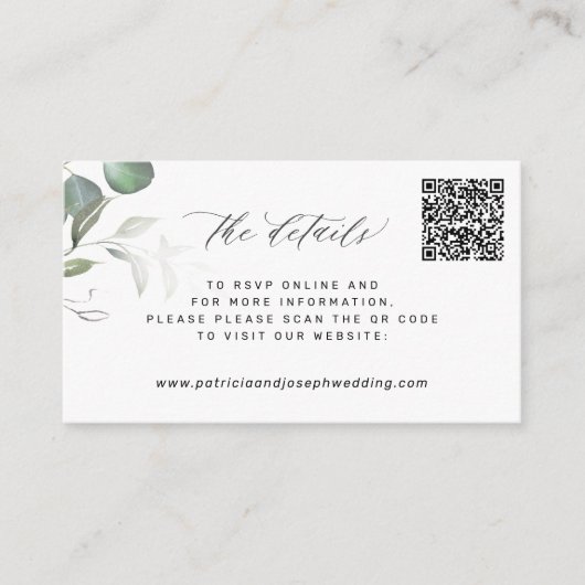 QR CODE Website für elegante Eukalyptus Hochzeit Begleitkarte (Vorderseite)