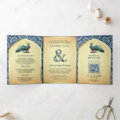 QR Code Wedding Blue Paisley Indian Peacock Dreifach Gefaltete Einladung (Innenseite)
