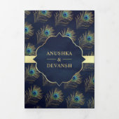 QR Code Wedding Blue Peacock Feathers Dreifach Gefaltete Einladung (Cover)