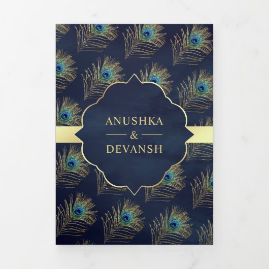 QR Code Wedding Blue Peacock Feathers Dreifach Gefaltete Einladung (Cover)