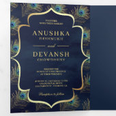 QR Code Wedding Blue Peacock Feathers Dreifach Gefaltete Einladung (Innen Erste Seite)