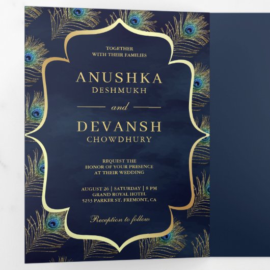 QR Code Wedding Blue Peacock Feathers Dreifach Gefaltete Einladung (Innen Erste Seite)