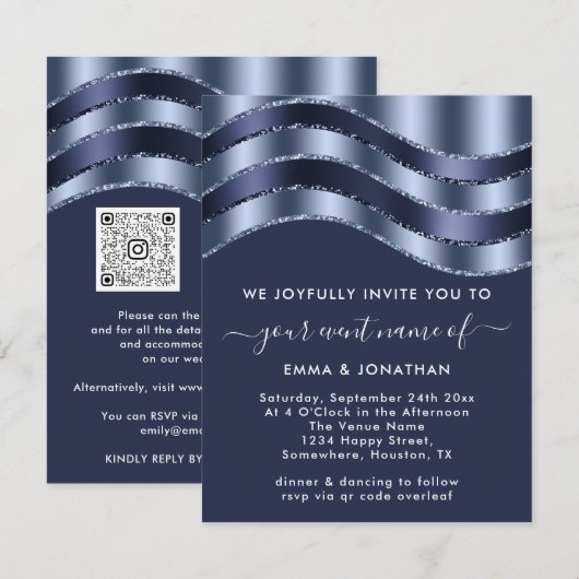 QR Code Wedding Brautparty Blue Navy Glitzer (Vorne/Hinten)