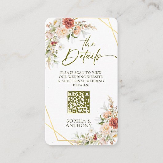 QR Code Wedding Details Boho Gold Foliage Begleitkarte (Vorderseite)