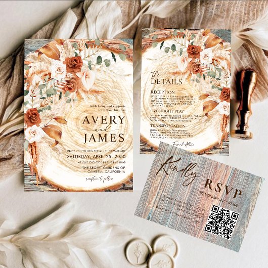 QR Code Wedding Invitation Boho Pampas Wood Slice Einladung