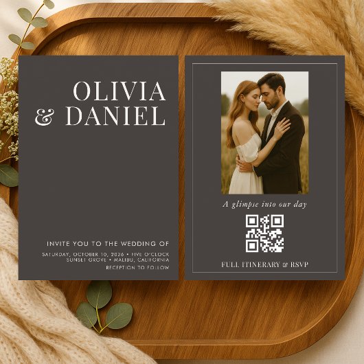 QR Code Wedding Mocha Brown Minimalist Photo Einladung