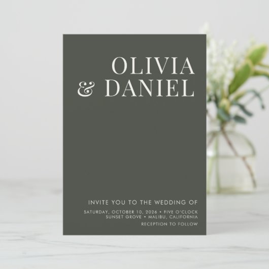 QR Code Wedding Olive Green Minimalist Photo Einladung (Stehend Vorderseite)
