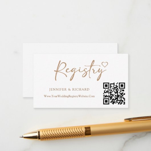 QR Code Wedding Registry Elegante Gold Calligraphy Begleitkarte (Vorderseite/Rückseite Beispiel)