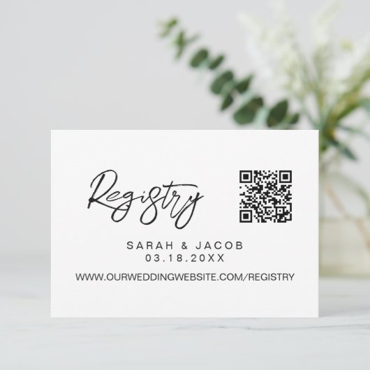 QR code wedding registry Modern script custom Begleitkarte (Stehend Vorderseite)