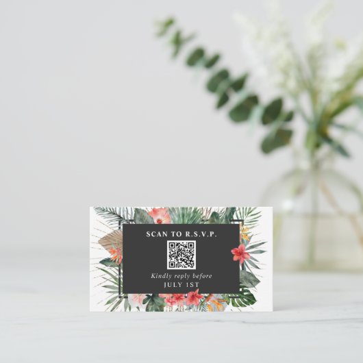 QR Code Wedding RSVP Tropical Floral Begleitkarte (Stehend Vorderseite)