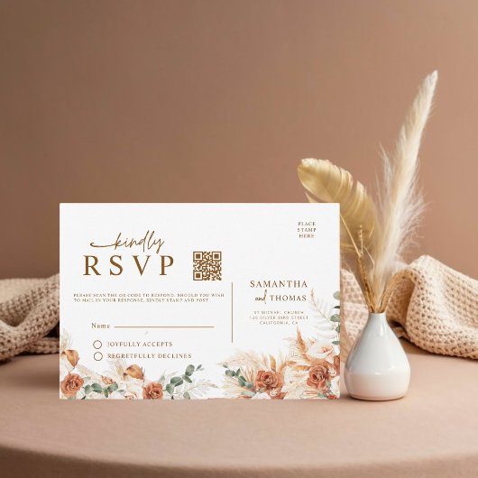 QR Code Wedding - Rustic Terracotta Floral RSVP Karte