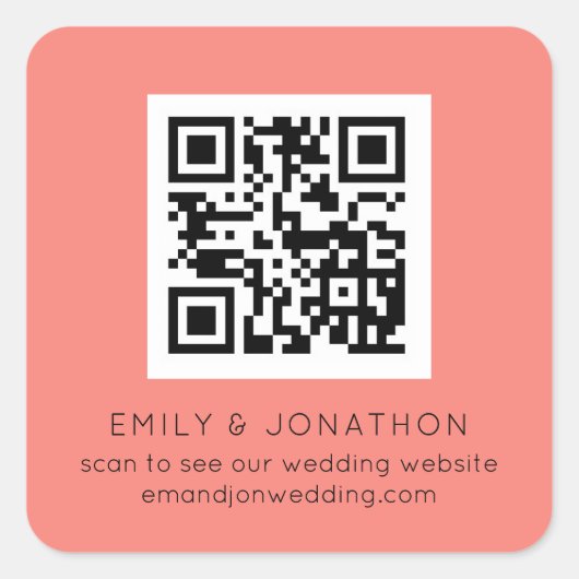 QR Code Wedding Website Names Coral Rose Quadratischer Aufkleber (Vorderseite)