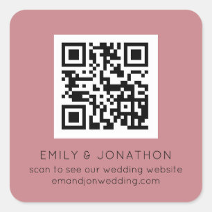 QR Code Wedding Website Names Dusty Rose Quadratischer Aufkleber
