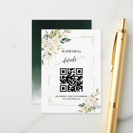 QR Code Wedding White Floral Gold Begleitkarte (Vorderseite/Rückseite Beispiel)