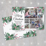 QR Code Weihnachten Holly Greenery 5 Foto Collage<br><div class="desc">Dieses Jahr feiern Sie die fröhlichen Wunder moderner Technologie mit einer lustigen interaktiven QR Code Foto Collage Urlaubskarte. Du kannst fünf deiner Lieblingsbilder sowie eine Online-Videobotschaft, ein Lied, ein Foto-Album oder eine andere Website teilen. Der gesamte Text auf dieser Vorlage lässt sich einfach so anpassen, dass er jeden beliebigen Text...</div>