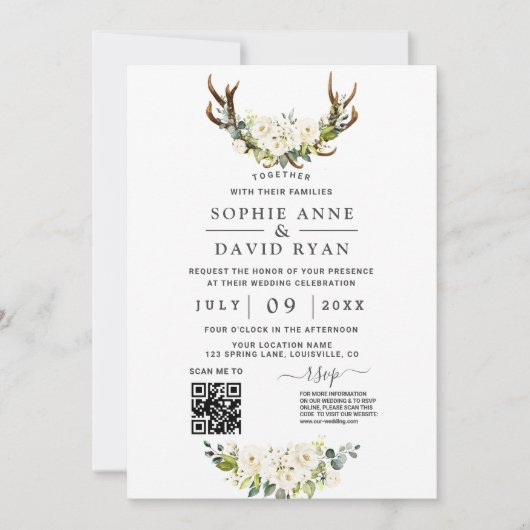 QR-Code Weiße Blume Antler Hochzeit Einladung (Vorderseite)