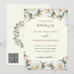 QR-Code Weiße Rosen Hochzeits-Einladungskarten Vor