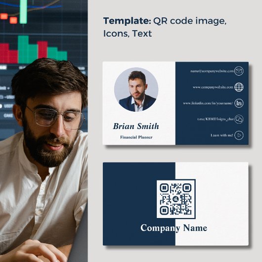 QR-Code Weiße und blaue Finanzplaner Visitenkarte