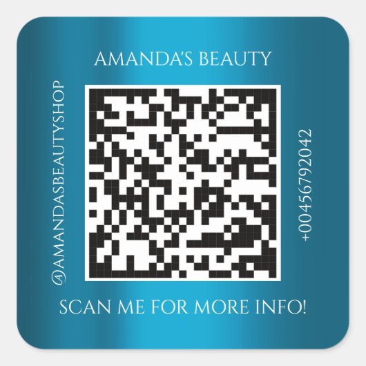 QR-Code Werbe-Name Kontakt Aquamarin Blue Quadratischer Aufkleber (Vorderseite)