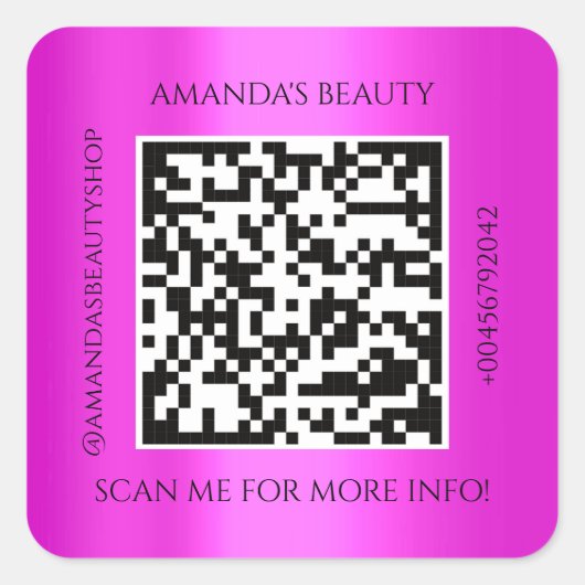 QR Code Werbe-Name Kontakt Pink Fuchsia Quadratischer Aufkleber (Vorderseite)
