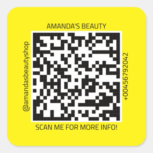 QR Code Werbe-Name Kontakt Web Gelb weiß Quadratischer Aufkleber (Vorderseite)