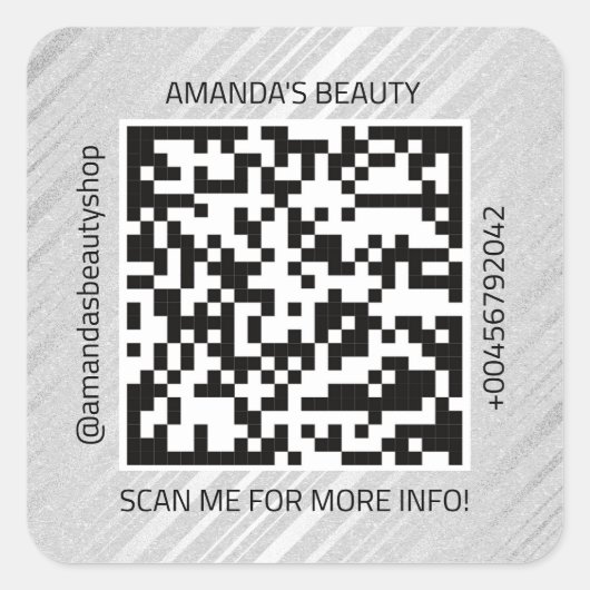 QR-Code Werbe-Name Kontakt Web Kraft Silver Quadratischer Aufkleber (Vorderseite)
