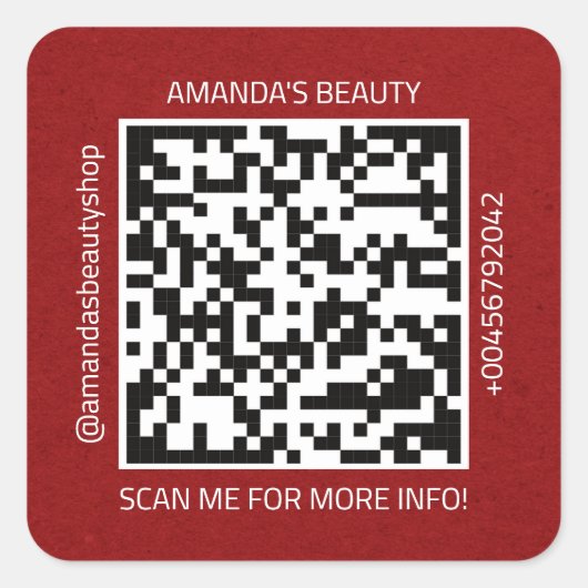 QR Code Werbe-Name Kontakt Web Natural Red Quadratischer Aufkleber (Vorderseite)