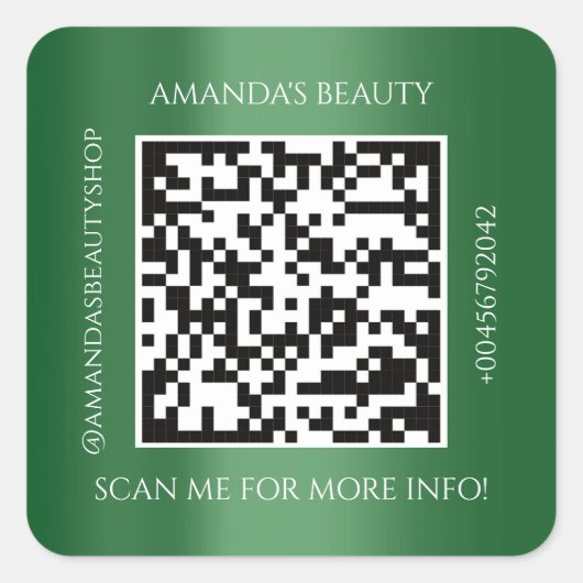 QR Code Werbe-Name Kontaktgrün Quadratischer Aufkleber (Vorderseite)